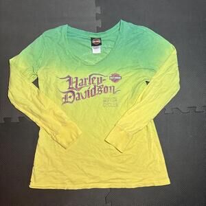 Harley-Davidson Shirt Size Large Green Yellow Long-sleeve Women’s Motorcycle Tee